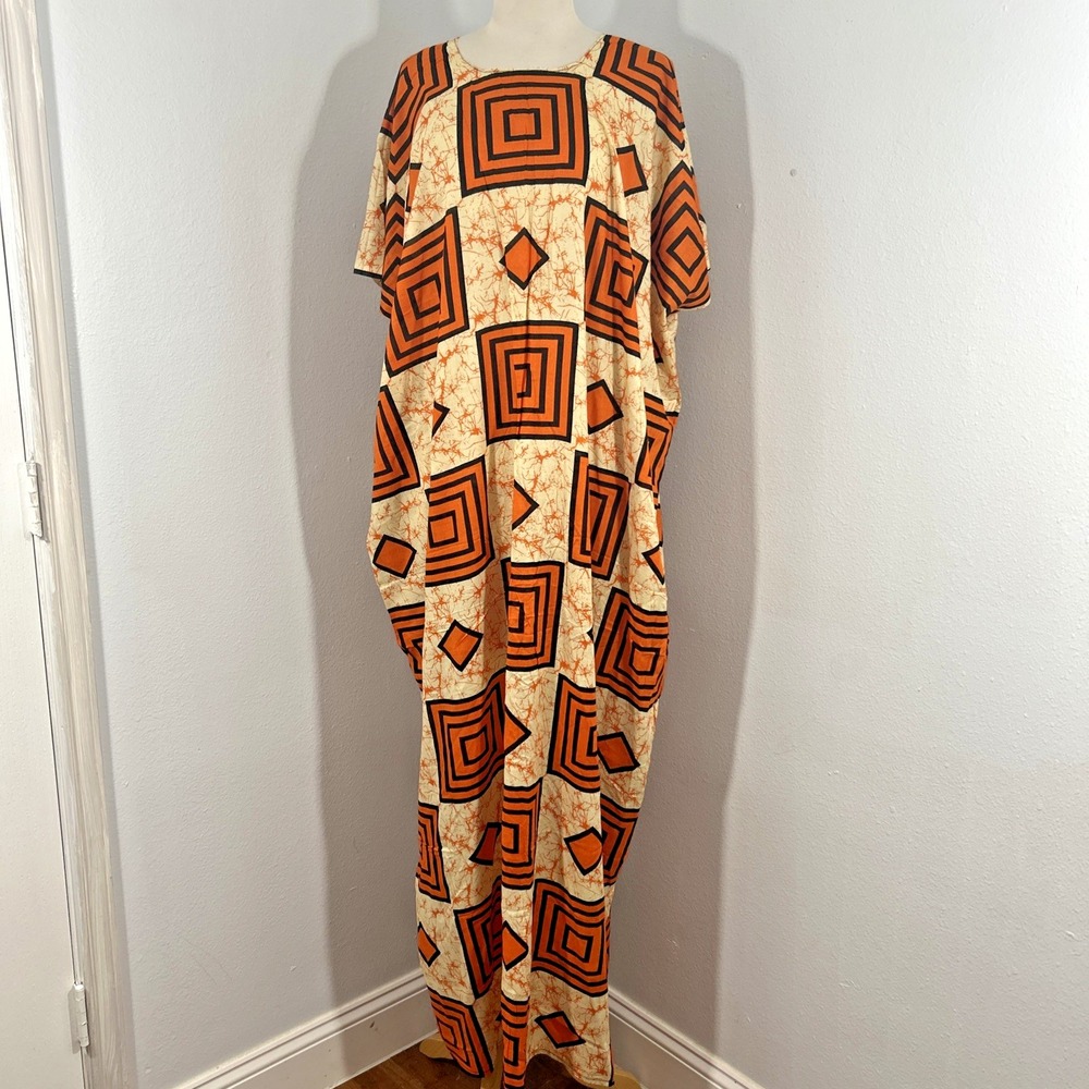 Handmade Kaftan Maxi Dress Womens OS Orange Rayon Caftan Kimono Beachy
